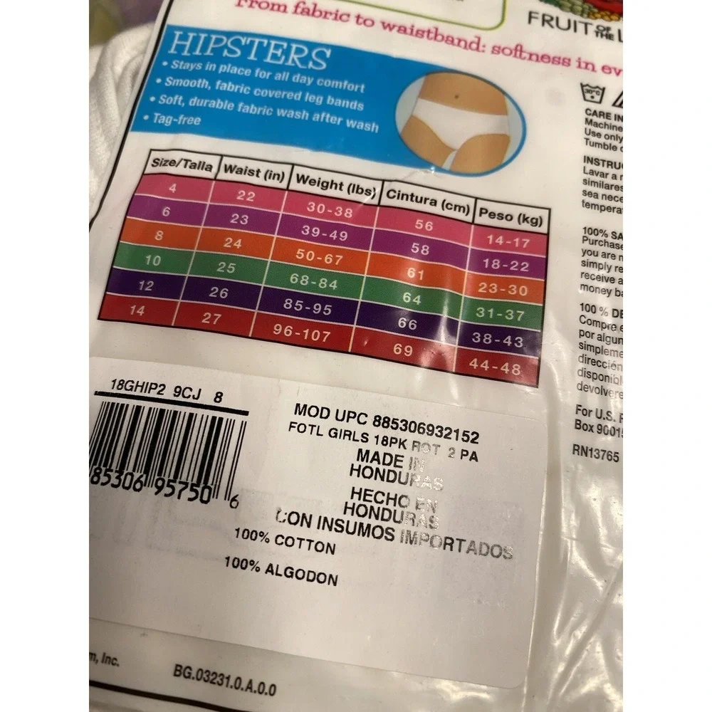 fruit‎ of the loom girls hipsters underwear briefs 18 pairs size 8